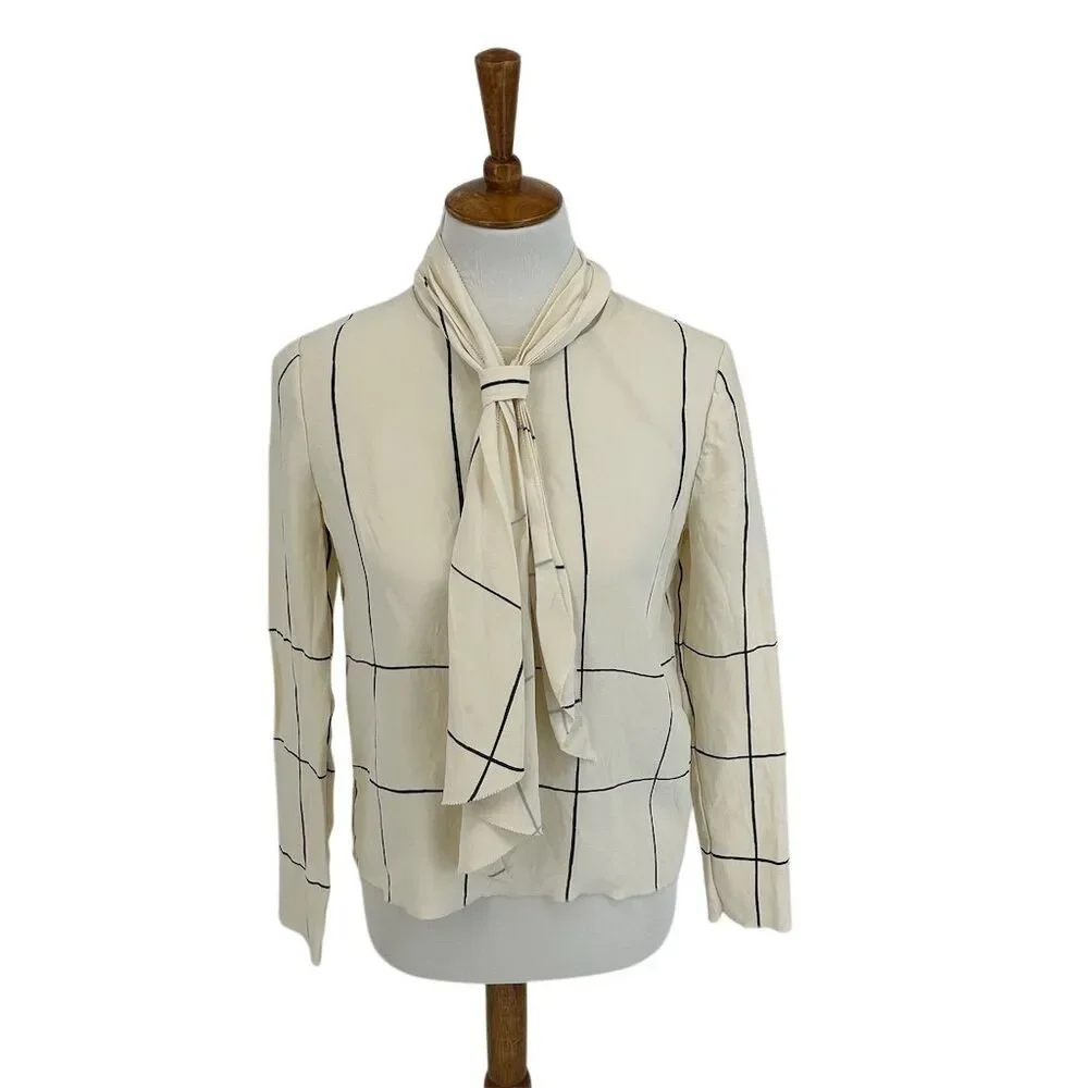 Tory Burch Window Pane Check Silk Windsor Tie Ivory Long Sleeve Blouse, S/6